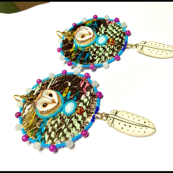 Beaded Beadwork Owl Necklace Earrings jewelry Set Opal Gemstone Bead Embroidery - Picture 4 of 10